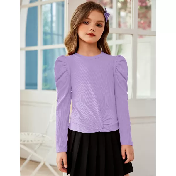 Arshiner Girls Puff Long Sleeve Shirts Twist Front Ribbed Knit T Shirt Crop Tops Tee Blouse