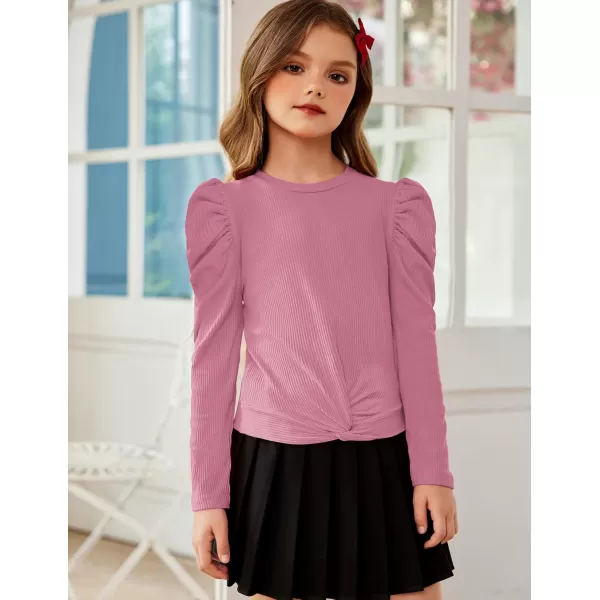 Arshiner Girls Puff Long Sleeve Shirts Twist Front Ribbed Knit T Shirt Crop Tops Tee Blouse