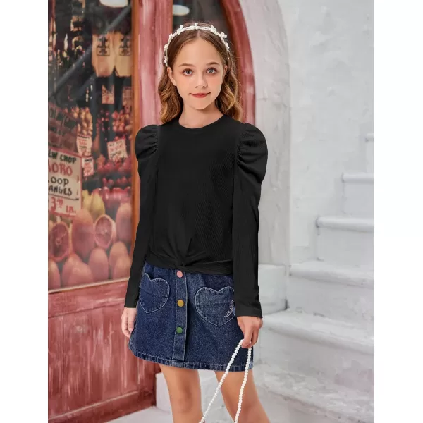 Arshiner Girls Puff Long Sleeve Shirts Twist Front Ribbed Knit T Shirt Crop Tops Tee Blouse