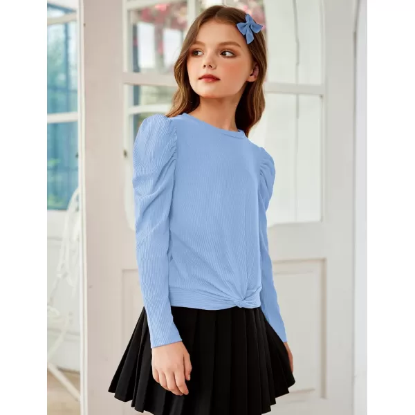 Arshiner Girls Puff Long Sleeve Shirts Twist Front Ribbed Knit T Shirt Crop Tops Tee Blouse