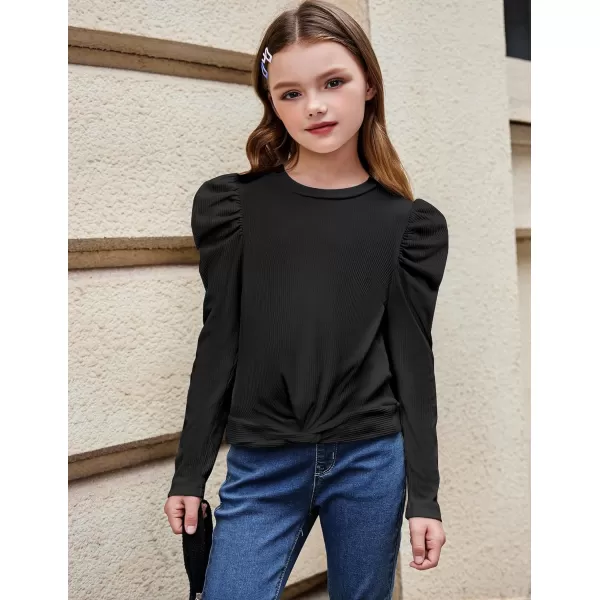 Arshiner Girls Puff Long Sleeve Shirts Twist Front Ribbed Knit T Shirt Crop Tops Tee Blouse