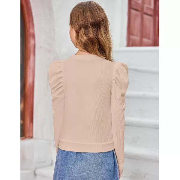 Arshiner Girls Puff Long Sleeve Shirts Twist Front Ribbed Knit T Shirt Crop Tops Tee Blouse