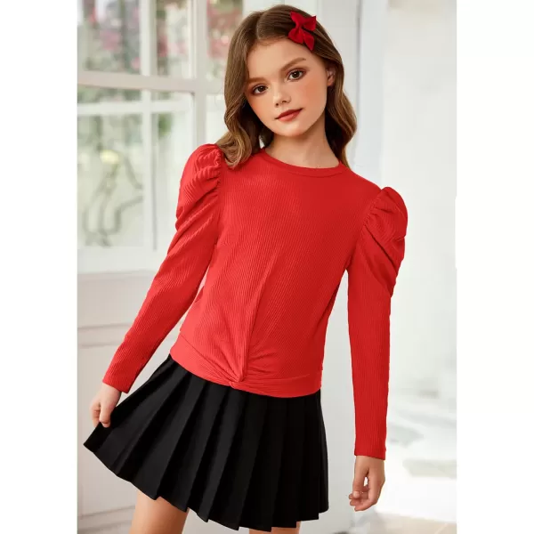 Arshiner Girls Puff Long Sleeve Shirts Twist Front Ribbed Knit T Shirt Crop Tops Tee Blouse