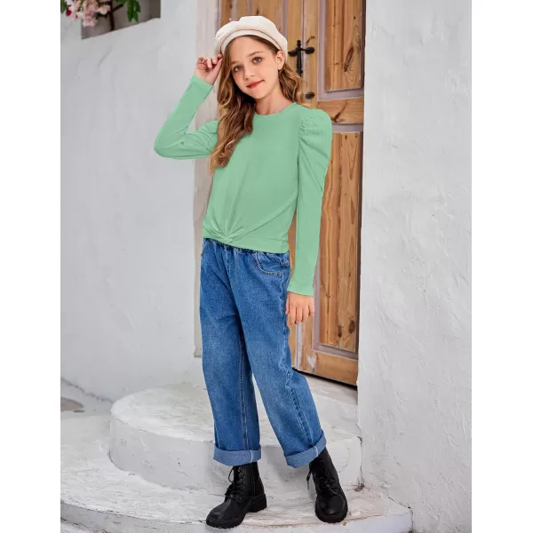Arshiner Girls Puff Long Sleeve Shirts Twist Front Ribbed Knit T Shirt Crop Tops Tee Blouse