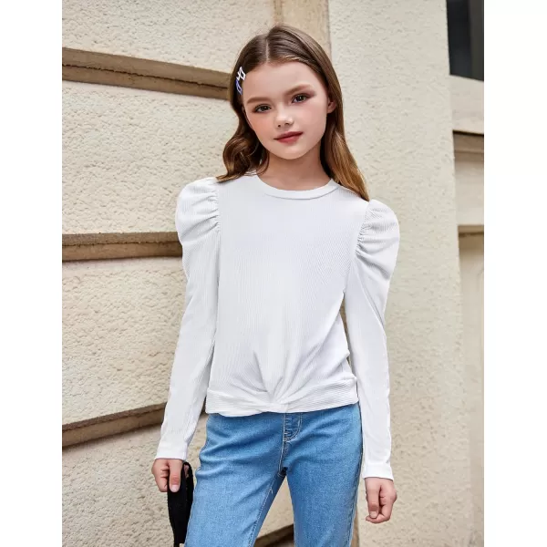 Arshiner Girls Puff Long Sleeve Shirts Twist Front Ribbed Knit T Shirt Crop Tops Tee Blouse