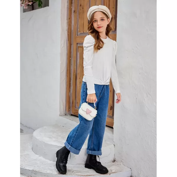 Arshiner Girls Puff Long Sleeve Shirts Twist Front Ribbed Knit T Shirt Crop Tops Tee Blouse