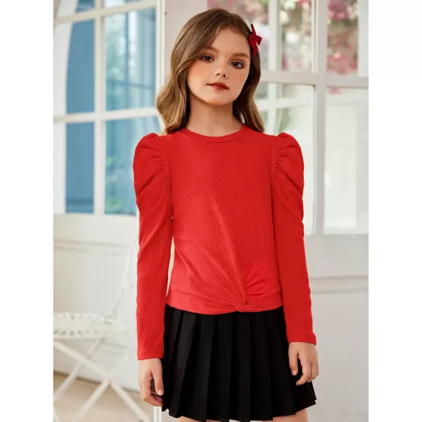 Arshiner Girls Puff Long Sleeve Shirts Twist Front Ribbed Knit T Shirt Crop Tops Tee Blouse