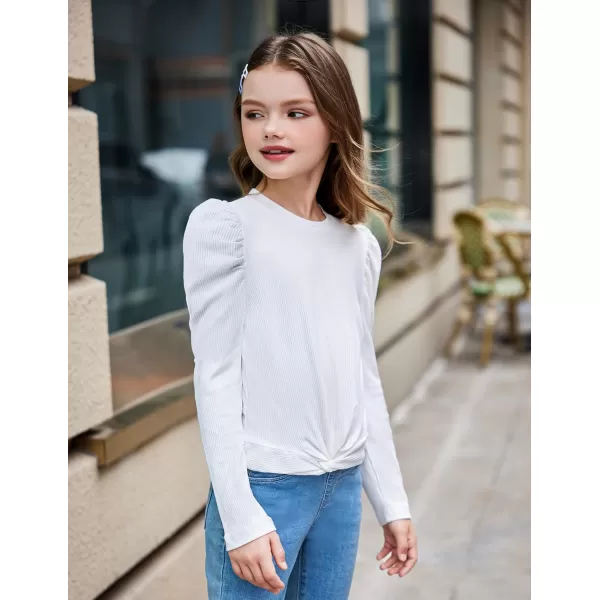 Arshiner Girls Puff Long Sleeve Shirts Twist Front Ribbed Knit T Shirt Crop Tops Tee Blouse