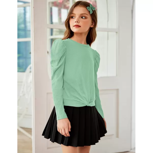 Arshiner Girls Puff Long Sleeve Shirts Twist Front Ribbed Knit T Shirt Crop Tops Tee Blouse