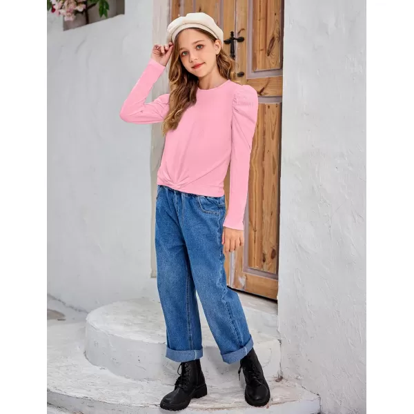 Arshiner Girls Puff Long Sleeve Shirts Twist Front Ribbed Knit T Shirt Crop Tops Tee Blouse
