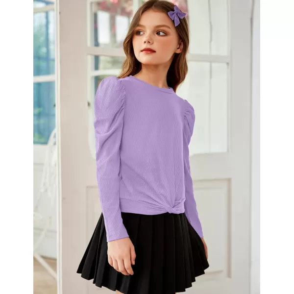 Arshiner Girls Puff Long Sleeve Shirts Twist Front Ribbed Knit T Shirt Crop Tops Tee Blouse