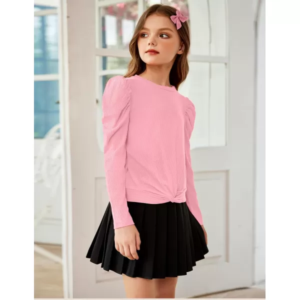 Arshiner Girls Puff Long Sleeve Shirts Twist Front Ribbed Knit T Shirt Crop Tops Tee Blouse