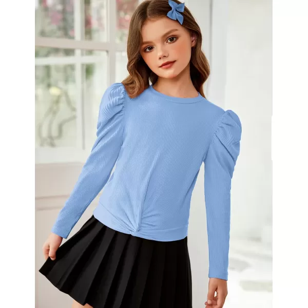 Arshiner Girls Puff Long Sleeve Shirts Twist Front Ribbed Knit T Shirt Crop Tops Tee Blouse