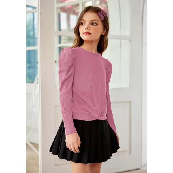 Arshiner Girls Puff Long Sleeve Shirts Twist Front Ribbed Knit T Shirt Crop Tops Tee Blouse