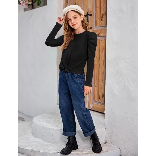 Arshiner Girls Puff Long Sleeve Shirts Twist Front Ribbed Knit T Shirt Crop Tops Tee Blouse