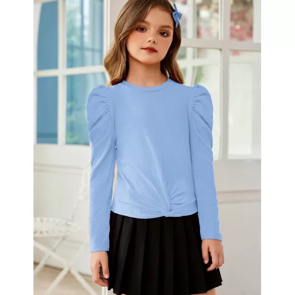 Arshiner Girls Puff Long Sleeve Shirts Twist Front Ribbed Knit T Shirt Crop Tops Tee Blouse