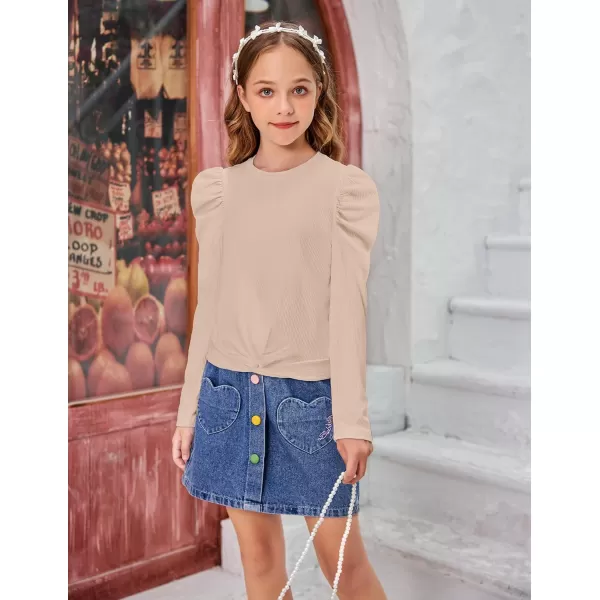 Arshiner Girls Puff Long Sleeve Shirts Twist Front Ribbed Knit T Shirt Crop Tops Tee Blouse