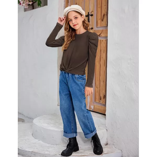 Arshiner Girls Puff Long Sleeve Shirts Twist Front Ribbed Knit T Shirt Crop Tops Tee Blouse