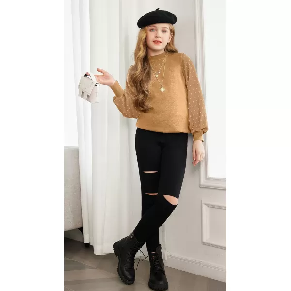 Arshiner Girls Puff Long Sleeve Sweaters Crewneck Lace Polka Dot Casual Knit Tops Pullover Jumper Outwear for Kids