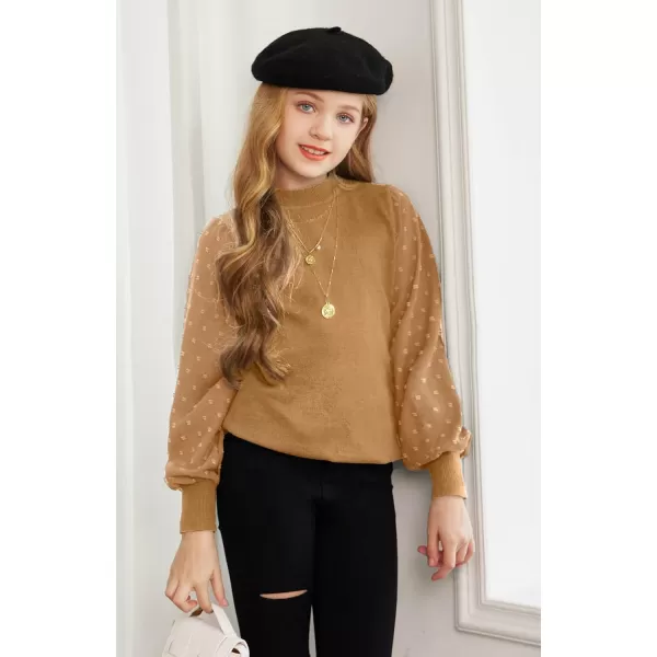 Arshiner Girls Puff Long Sleeve Sweaters Crewneck Lace Polka Dot Casual Knit Tops Pullover Jumper Outwear for Kids