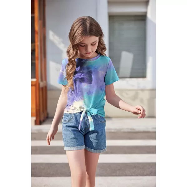 Arshiner Girls Short Sleeve Shirts Tie Knot Front Tops T Shirts for Kids Crewneck Cute Casual Tie Dye Tee Blouse