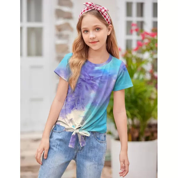 Arshiner Girls Short Sleeve Shirts Tie Knot Front Tops T Shirts for Kids Crewneck Cute Casual Tie Dye Tee Blouse