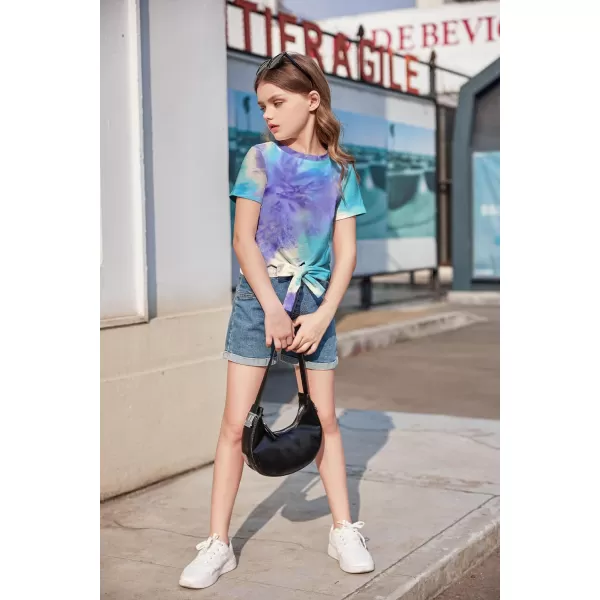 Arshiner Girls Short Sleeve Shirts Tie Knot Front Tops T Shirts for Kids Crewneck Cute Casual Tie Dye Tee Blouse