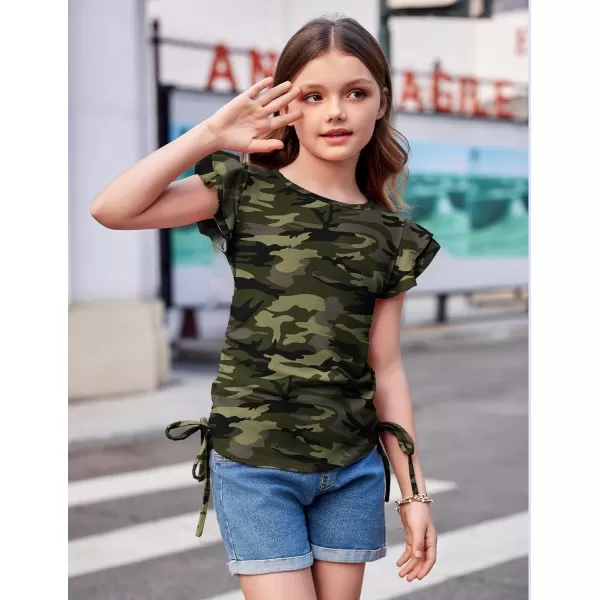 Arshiner Girls T Shirts Ruffle Short Sleeve Ruched Knot Side Tunic Blouse Summer Tee Tops