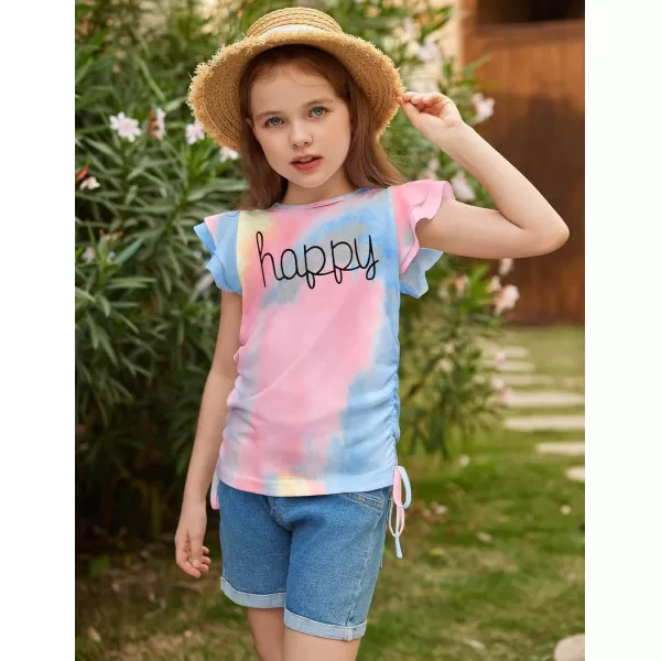 Arshiner Girls T Shirts Ruffle Short Sleeve Ruched Knot Side Tunic Blouse Summer Tee Tops