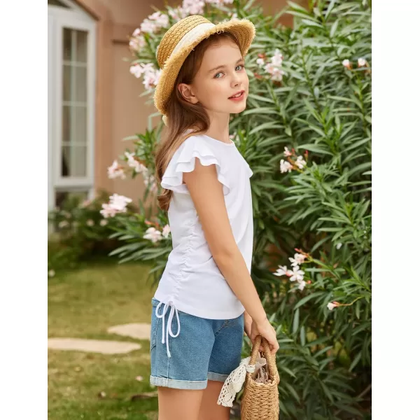 Arshiner Girls T Shirts Ruffle Short Sleeve Ruched Knot Side Tunic Blouse Summer Tee Tops
