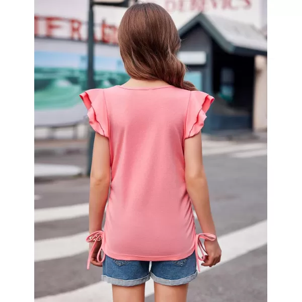 Arshiner Girls T Shirts Ruffle Short Sleeve Ruched Knot Side Tunic Blouse Summer Tee Tops
