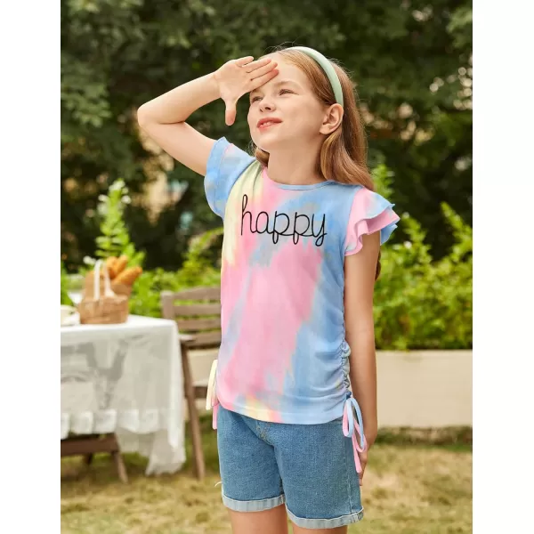 Arshiner Girls T Shirts Ruffle Short Sleeve Ruched Knot Side Tunic Blouse Summer Tee Tops