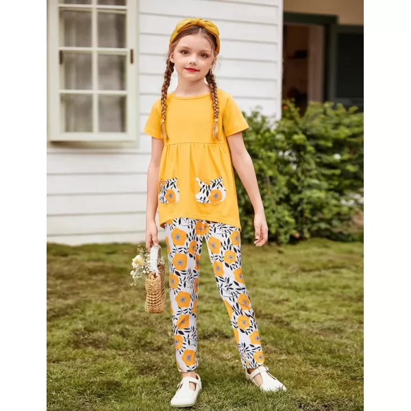 Arshiner Toddler Girls Outfits Floral Hi-Lo Tops+pants Sets Short SLeeve 2pcs Pants Sets with Pockets
