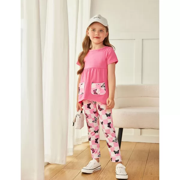 Arshiner Toddler Girls Outfits Floral Hi-Lo Tops+pants Sets Short SLeeve 2pcs Pants Sets with Pockets