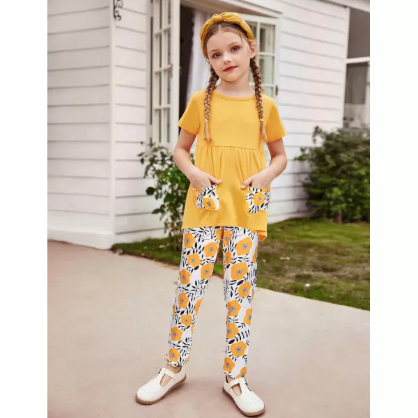 Arshiner Toddler Girls Outfits Floral Hi-Lo Tops+pants Sets Short SLeeve 2pcs Pants Sets with Pockets
