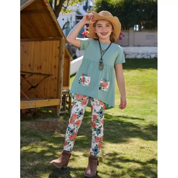 Arshiner Toddler Girls Outfits Floral Hi-Lo Tops+pants Sets Short SLeeve 2pcs Pants Sets with Pockets