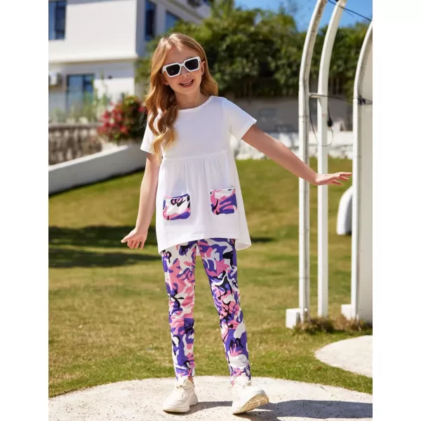 Arshiner Toddler Girls Outfits Floral Hi-Lo Tops+pants Sets Short SLeeve 2pcs Pants Sets with Pockets