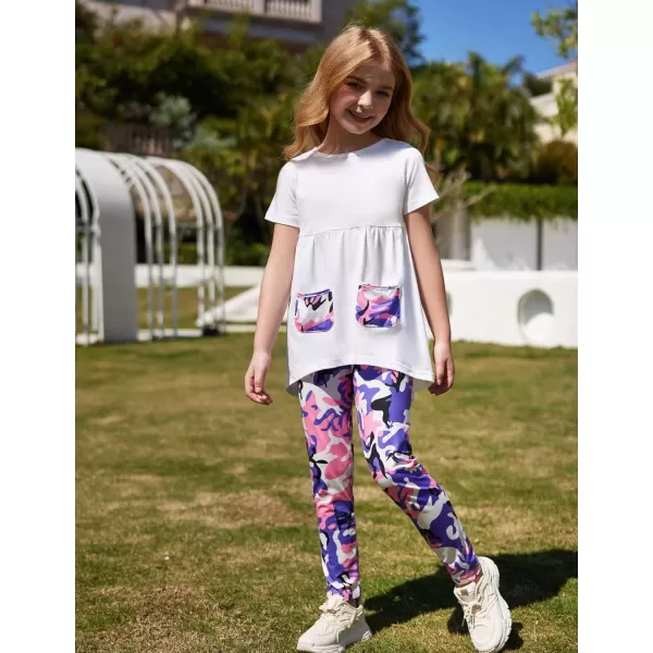 Arshiner Toddler Girls Outfits Floral Hi-Lo Tops+pants Sets Short SLeeve 2pcs Pants Sets with Pockets