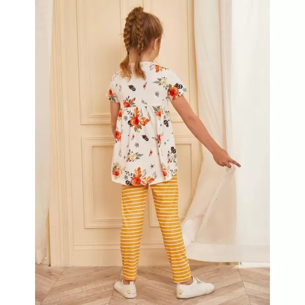 Arshiner Toddler Girls Outfits Floral Hi-Lo Tops+pants Sets Short SLeeve 2pcs Pants Sets with Pockets