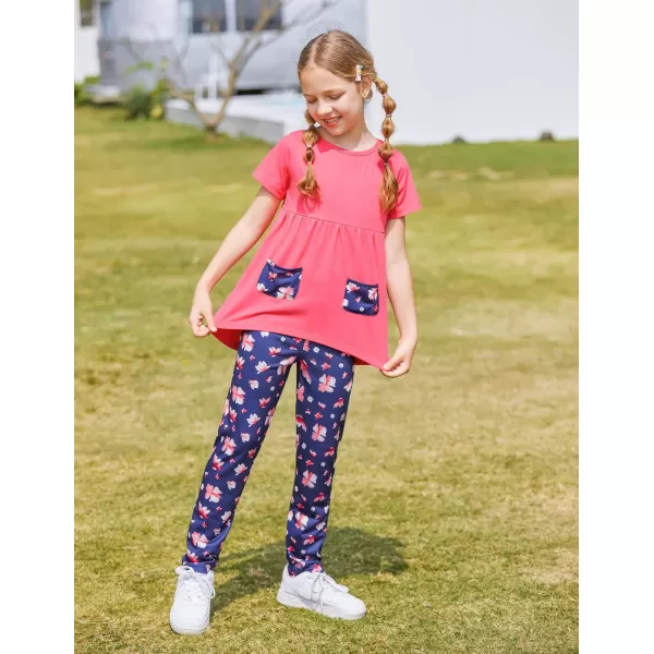 Arshiner Toddler Girls Outfits Floral Hi-Lo Tops+pants Sets Short SLeeve 2pcs Pants Sets with Pockets
