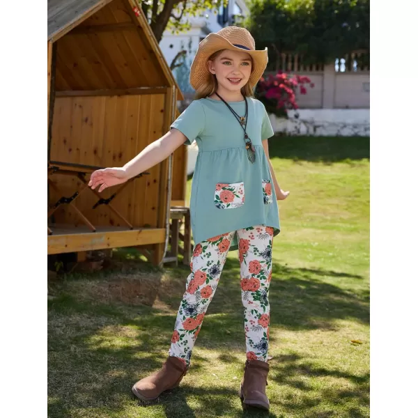 Arshiner Toddler Girls Outfits Floral Hi-Lo Tops+pants Sets Short SLeeve 2pcs Pants Sets with Pockets