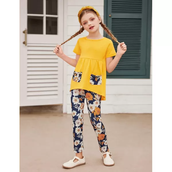 Arshiner Toddler Girls Outfits Floral Hi-Lo Tops+pants Sets Short SLeeve 2pcs Pants Sets with Pockets