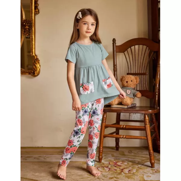 Arshiner Toddler Girls Outfits Floral Hi-Lo Tops+pants Sets Short SLeeve 2pcs Pants Sets with Pockets