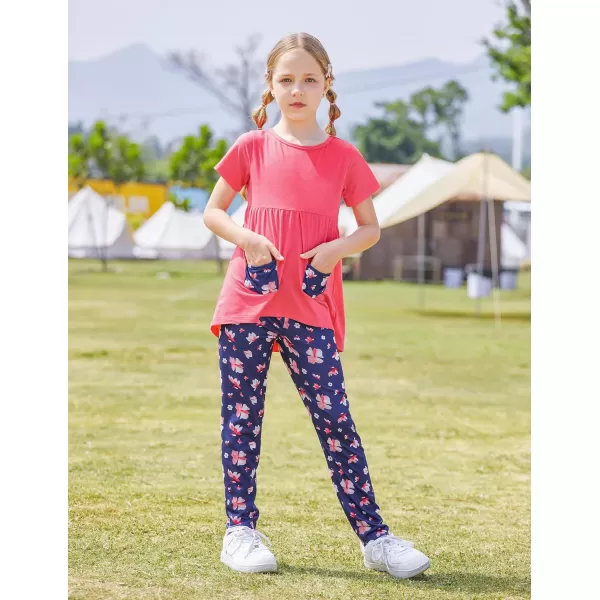 Arshiner Toddler Girls Outfits Floral Hi-Lo Tops+pants Sets Short SLeeve 2pcs Pants Sets with Pockets