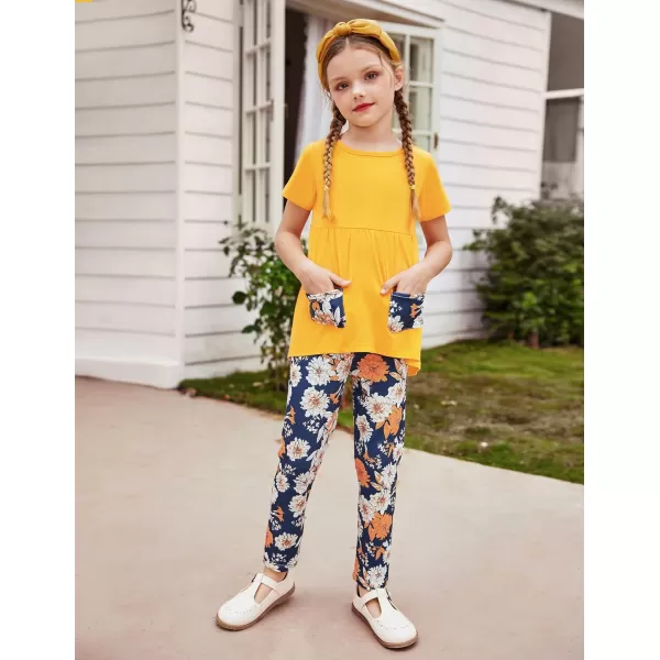 Arshiner Toddler Girls Outfits Floral Hi-Lo Tops+pants Sets Short SLeeve 2pcs Pants Sets with Pockets