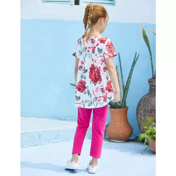 Arshiner Toddler Girls Outfits Floral Hi-Lo Tops+pants Sets Short SLeeve 2pcs Pants Sets with Pockets