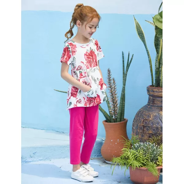 Arshiner Toddler Girls Outfits Floral Hi-Lo Tops+pants Sets Short SLeeve 2pcs Pants Sets with Pockets