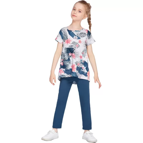 Arshiner Toddler Girls Outfits Floral Hi-Lo Tops+pants Sets Short SLeeve 2pcs Pants Sets with Pockets