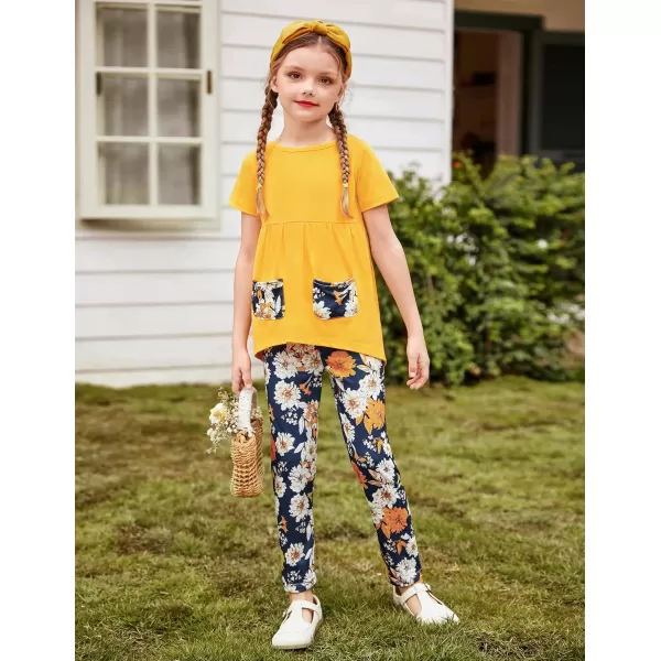Arshiner Toddler Girls Outfits Floral Hi-Lo Tops+pants Sets Short SLeeve 2pcs Pants Sets with Pockets