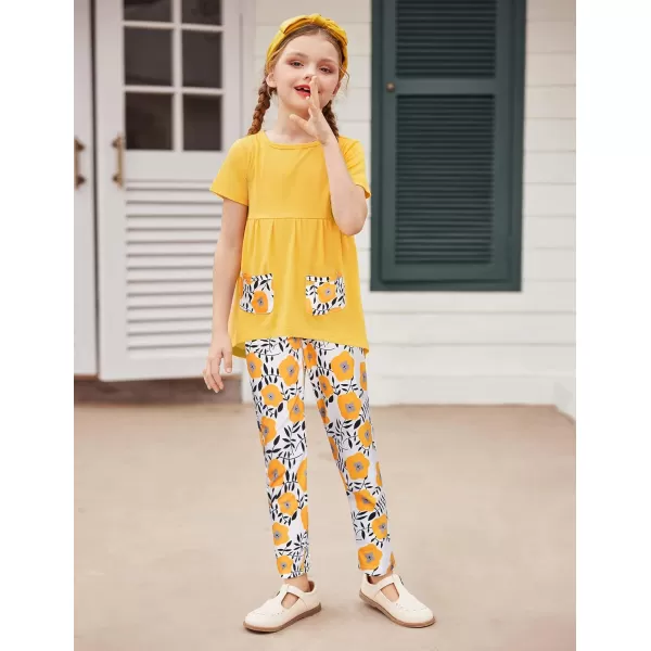 Arshiner Toddler Girls Outfits Floral Hi-Lo Tops+pants Sets Short SLeeve 2pcs Pants Sets with Pockets